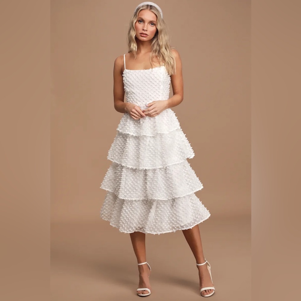 Lulus Flirting With You Pompom Tiered Ruffle Midi Dress